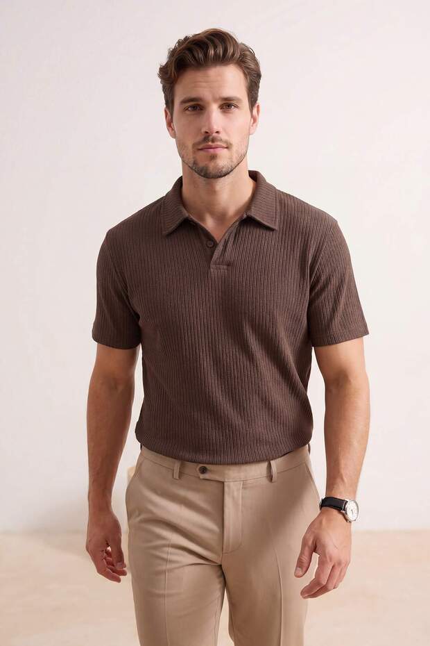 Kahverengi Regular/Normal Kesim Dokulu Polo Yaka T-shirt TMNSS26PO00005 - 2