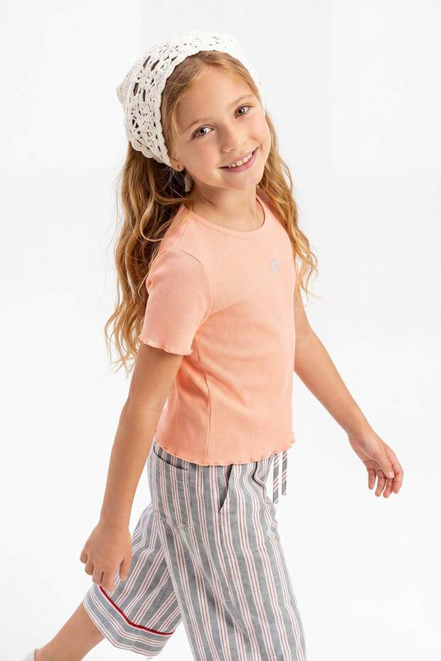 Mavi-Turuncu 2'li Kız Çocuk Pamuklu Crop Kısa Kol Örme T-Shirt TKDSS25TS00027 - 5