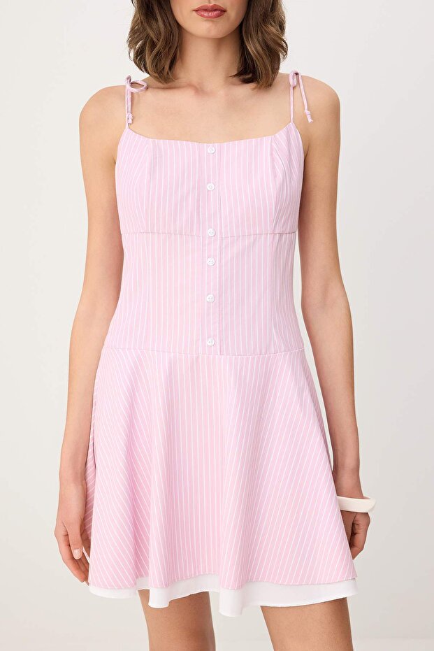 Pembe Çizgili Düğmeli Kısa / Mini Dokuma Elbise TWOSS25EL00876 - 3