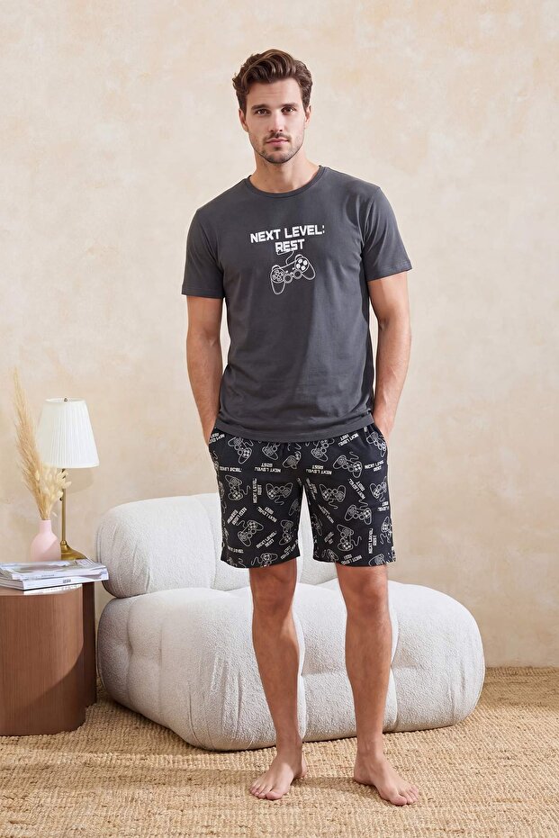 Gri - Antrasit Game Temalı %100 Pamuk Regular Yazlık Örme Pijama Takımı TMNSS26PT00040 - 2