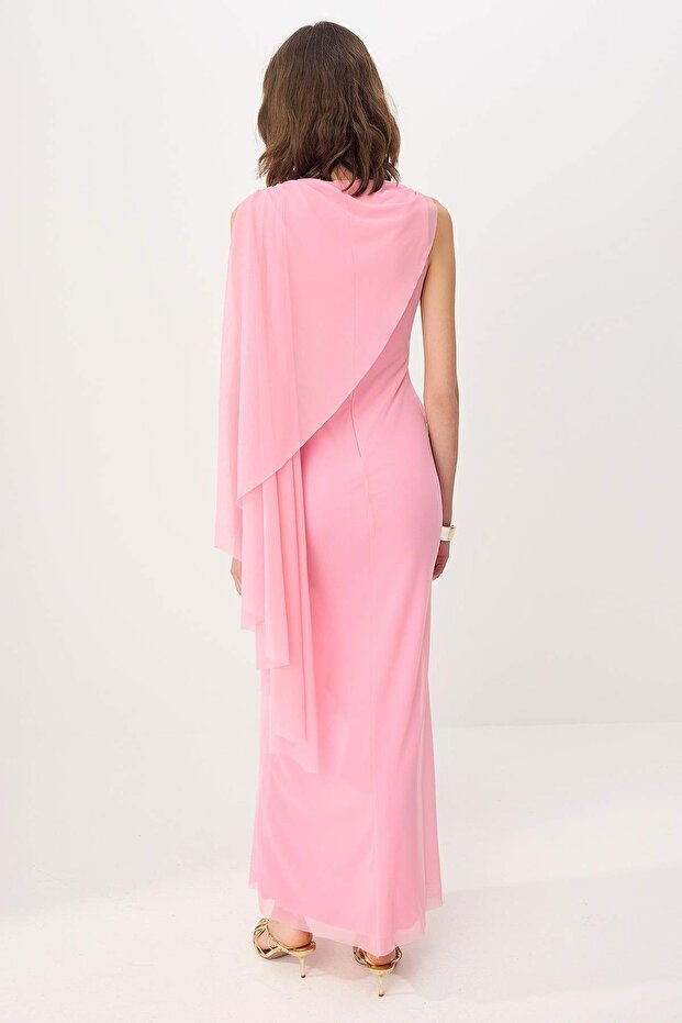 Pembe Pelerinli Örme Tül Maxi Abiye & Mezuniyet Elbisesi TPRSS26AE00033 - 4