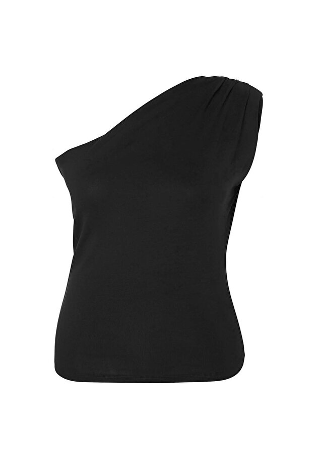Siyah Asimetrik Tek Omuz Vatkalı Esnek Örme Büyük Beden Bluz TBBSS26AF00076 - 4