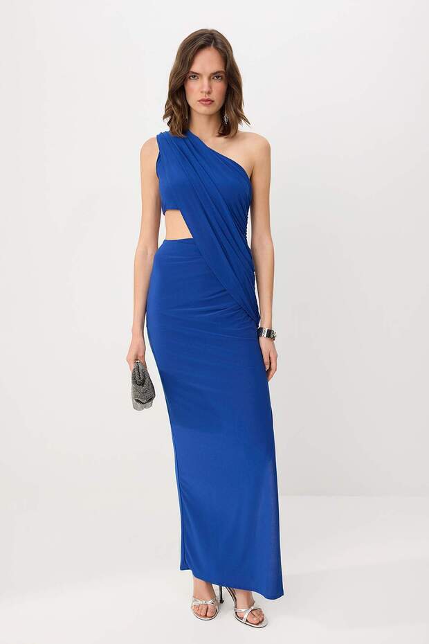 Saks Asimetrik Yaka Shift/Düz Kesim Maxi Örme Abiye & Mezuniyet Elbisesi TPRSS26AE00067