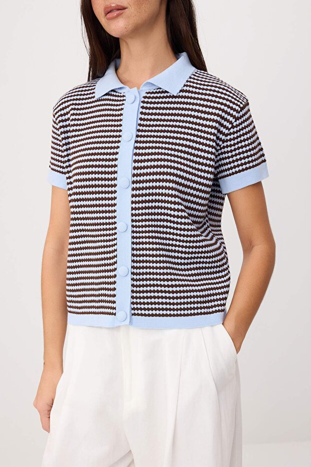 Kahverengi Polo Yaka Çizgili Triko Bluz TWOSS25BZ00183 - 3