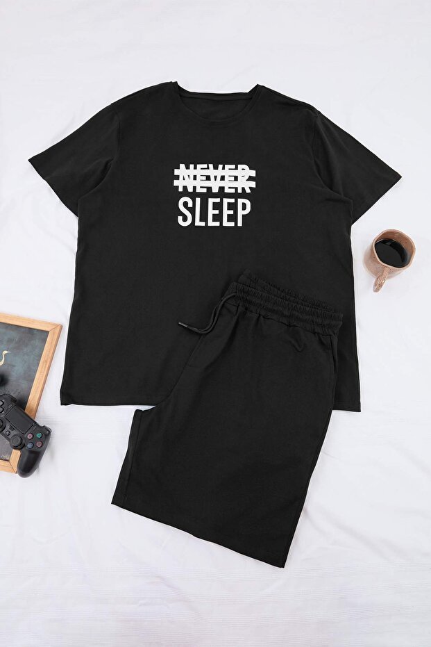 Siyah Regular Slogan Homewear Büyük Beden Pijama Takımı TMNSS25AI00003 - 3