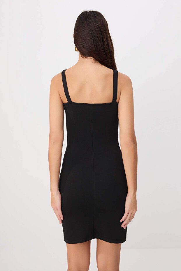 Siyah Bodycon/Vücuda Oturan Kare Yaka Kalın Askılı Kolsuz Mini İnterlok Örme Elbise TWOSS26EL00755 - 4