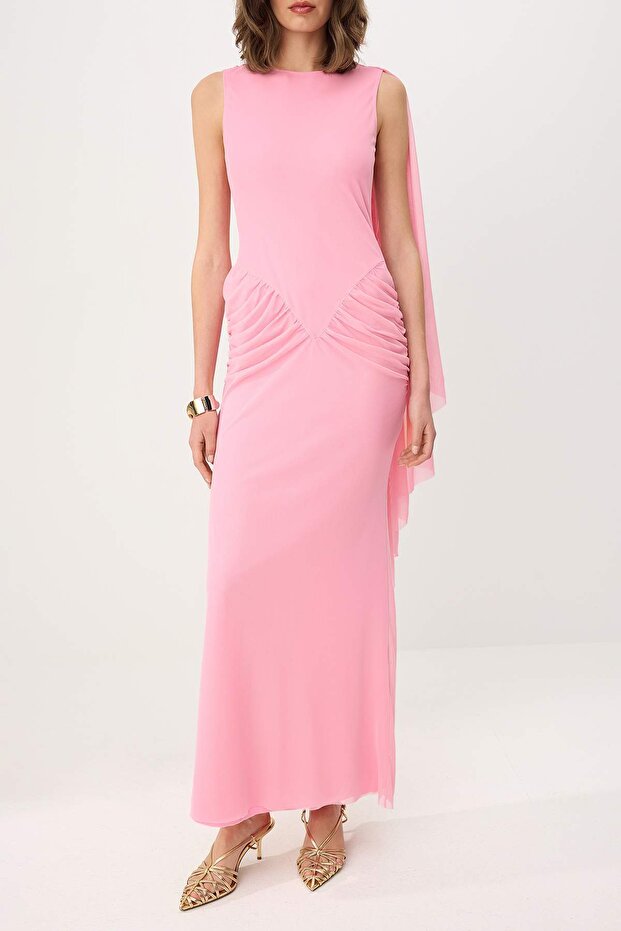 Pembe Pelerinli Örme Tül Maxi Abiye & Mezuniyet Elbisesi TPRSS26AE00033 - 3