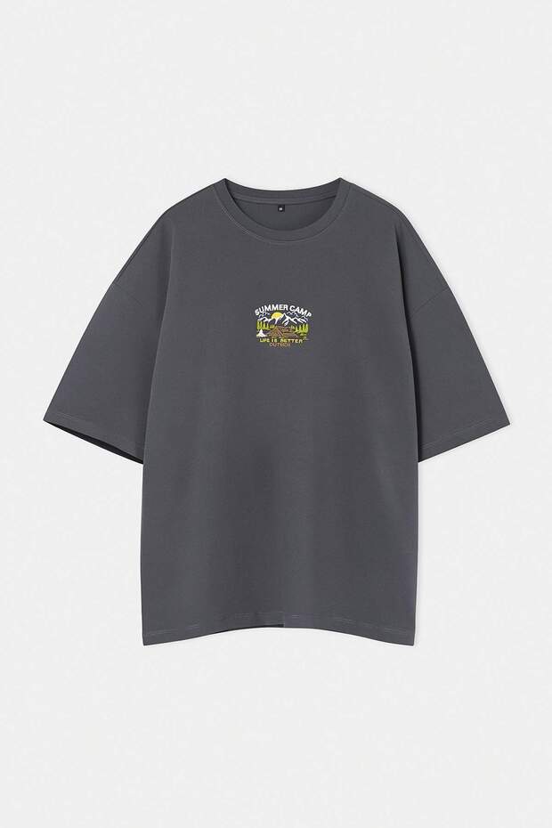 Antrasit Bisiklet Yaka Oversize/Geniş Lesim Büyük Beden T-Shirt - 4