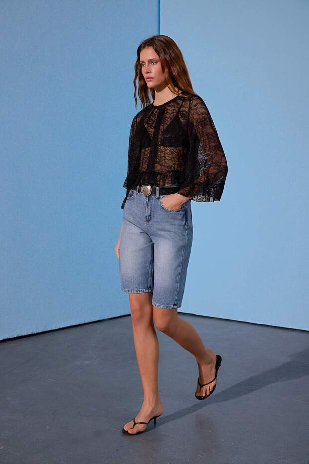 Limited Edition Mavi Yüksek Bel Denim Bermuda TWOSS26SR00061 - 3
