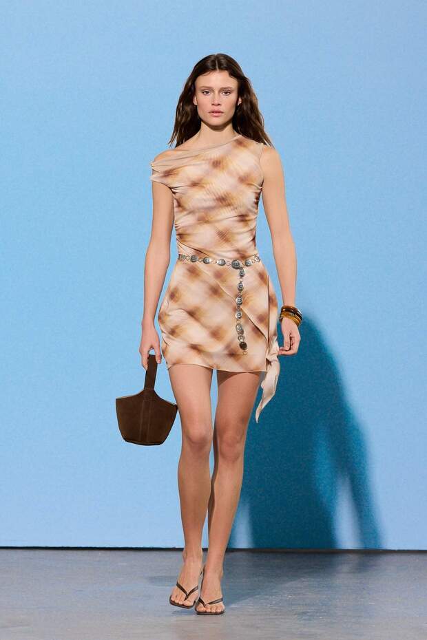 Limited Edition Çok Renkli Ekose Bodycon Asimetrik Yaka Kolsuz Tül Örme Elbise TWOSS26EL00406 - 1