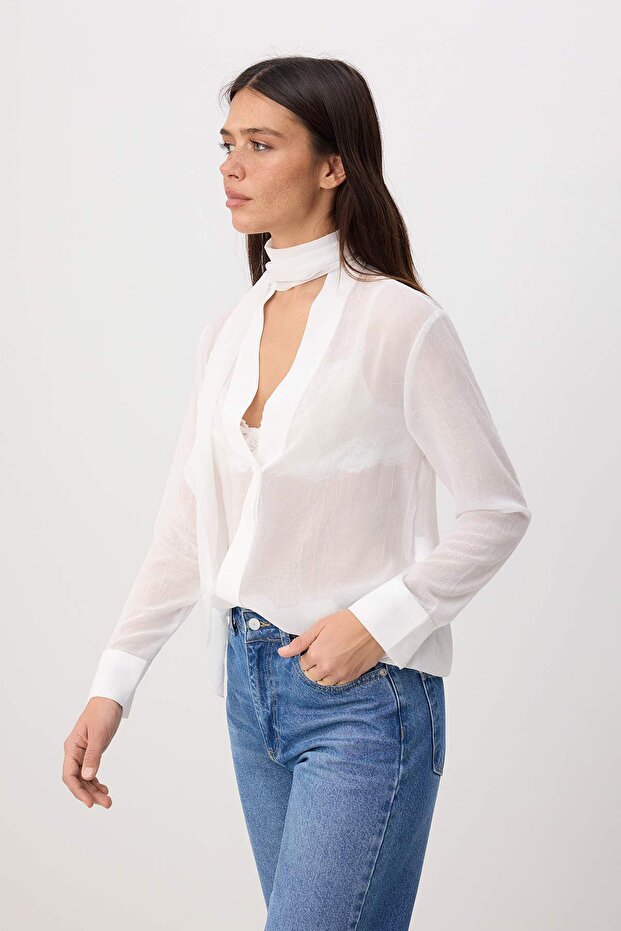 Beyaz Transparan Şal Detaylı Dokuma Bluz TWOSS26BZ00862 - 2