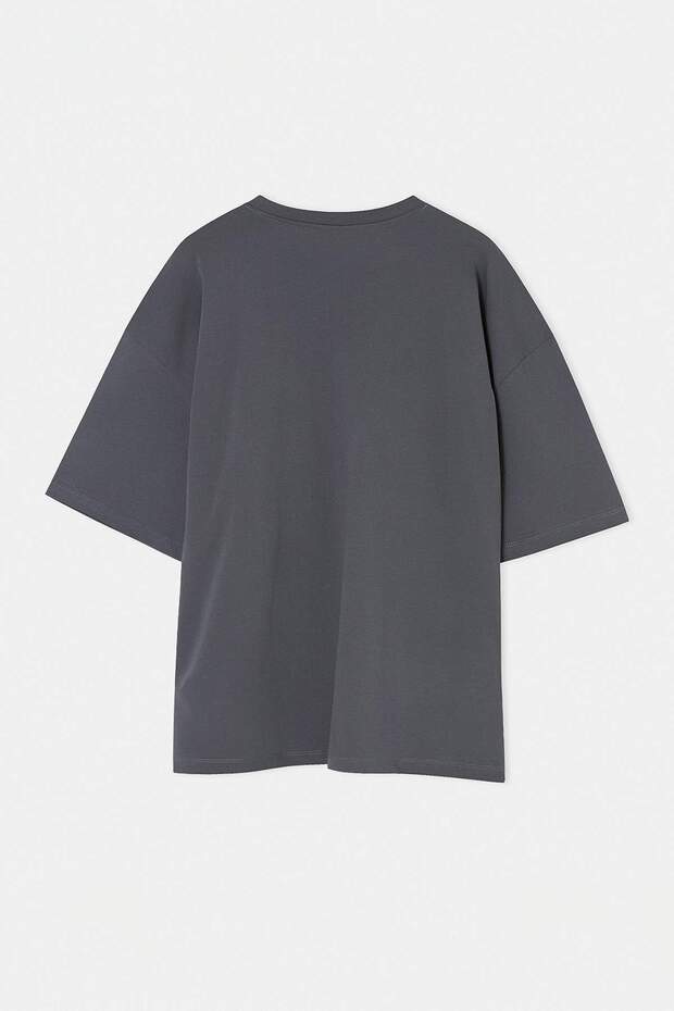 Antrasit Bisiklet Yaka Oversize/Geniş Lesim Büyük Beden T-Shirt - 6
