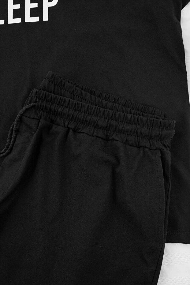 Siyah Regular Slogan Homewear Büyük Beden Pijama Takımı TMNSS25AI00003 - 4