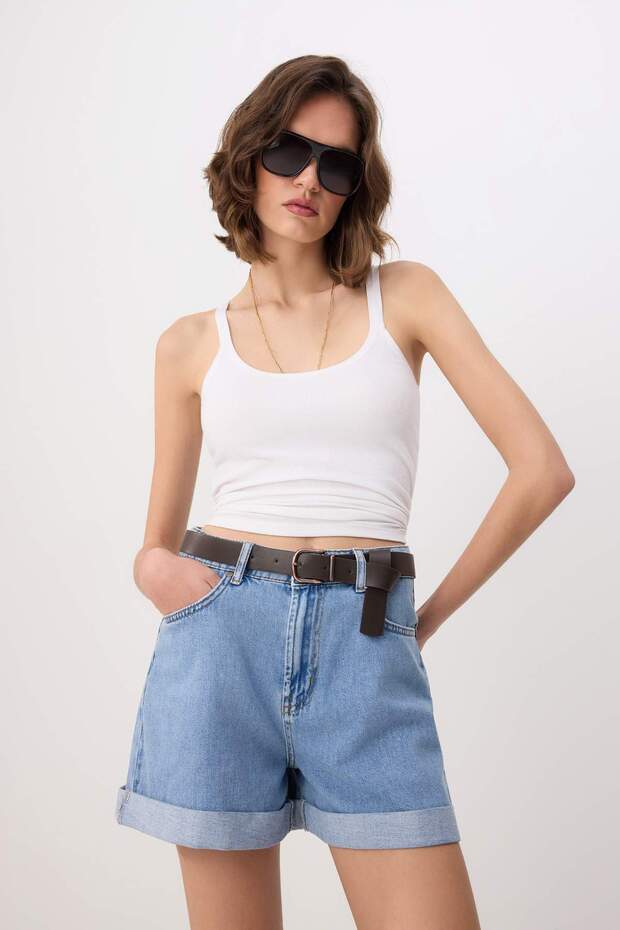 Mavi Kemer Detaylı Yüksek Bel City Boy Denim Şort TWOSS26SR00128 - 3