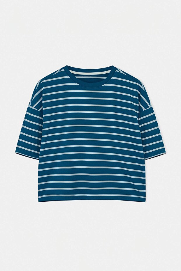 Petrol Çizgili Boxy/Relaxed Kalıp Kısa Kollu Pamuk Karışımlı Örme T-Shirt TWOSS26TS00048 - 5