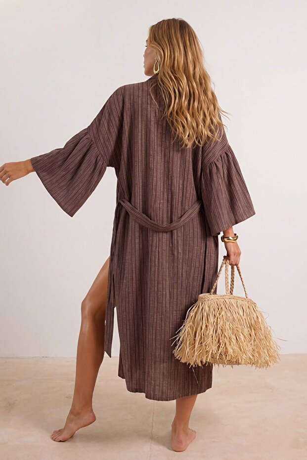 Kahverengi Dokuma Maxi Plaj Kuşaklı Kimono&Kaftan TBESS23KM00028 - 4
