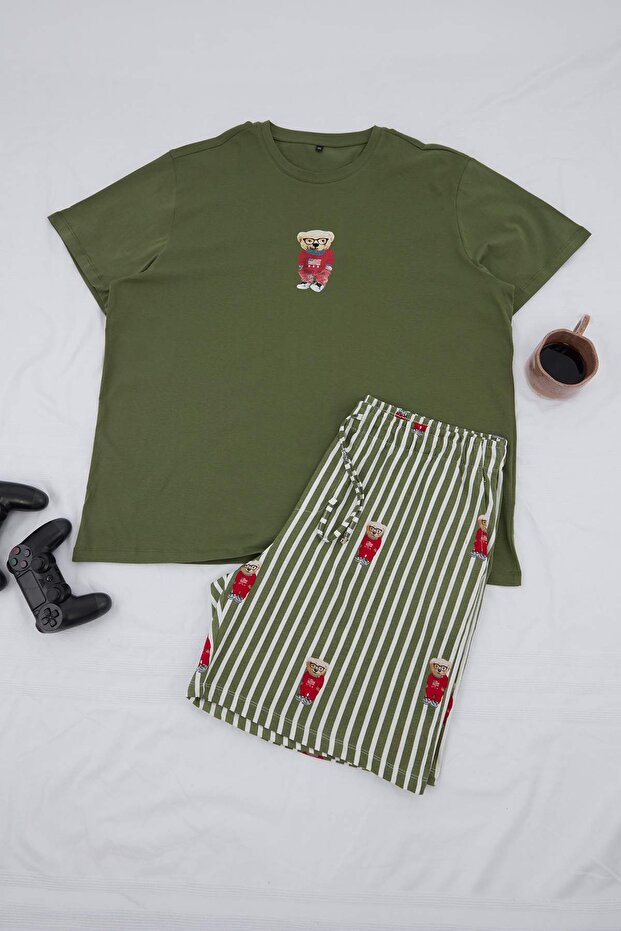 Büyük Beden Haki Regular Kesim Çizgili Ayıcık Desenli Örme Pijama Takımı TMNSS26AI00004 - 4
