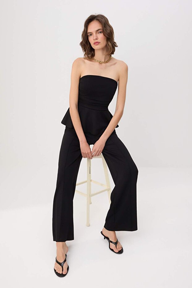Siyah Peplum Kolsuz Geniş Paça Soft/Yumuşak Dokunuşlu Örme Alt-Üst Takım TWOSS26AU00005