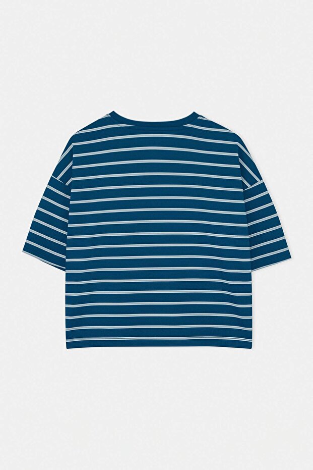 Petrol Çizgili Boxy/Relaxed Kalıp Kısa Kollu Pamuk Karışımlı Örme T-Shirt TWOSS26TS00048 - 6