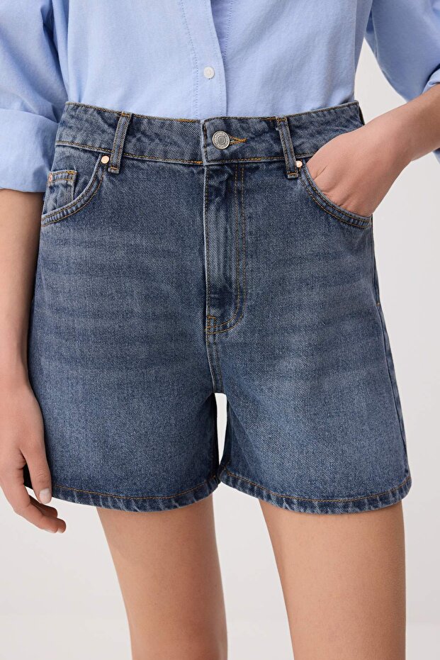 Koyu Mavi %100 Pamuk Yüksek Bel Denim City Şort TWOSS26SR00094 - 3