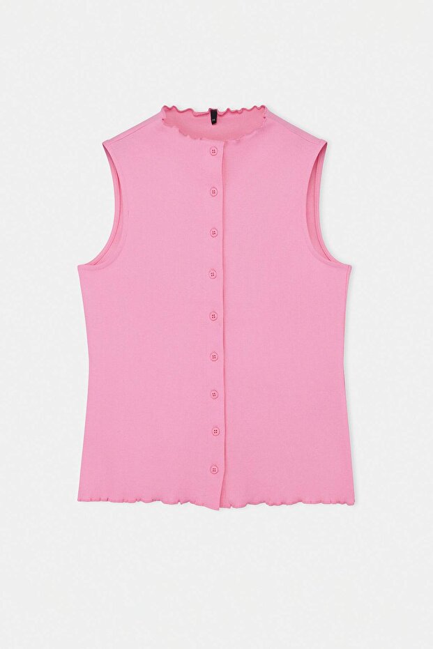 Wardrobe Essentials-Açık Pembe Fitted Düğmeli Esnek Örme Büyük Beden Bluz TBBSS26AF00183 - 4
