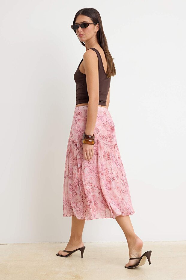 Çok Renkli Şal Desen Boho/Boho Chic Skater Yüksek Bel Midi Tül Örme Etek TWOSS26ET00163 - 4