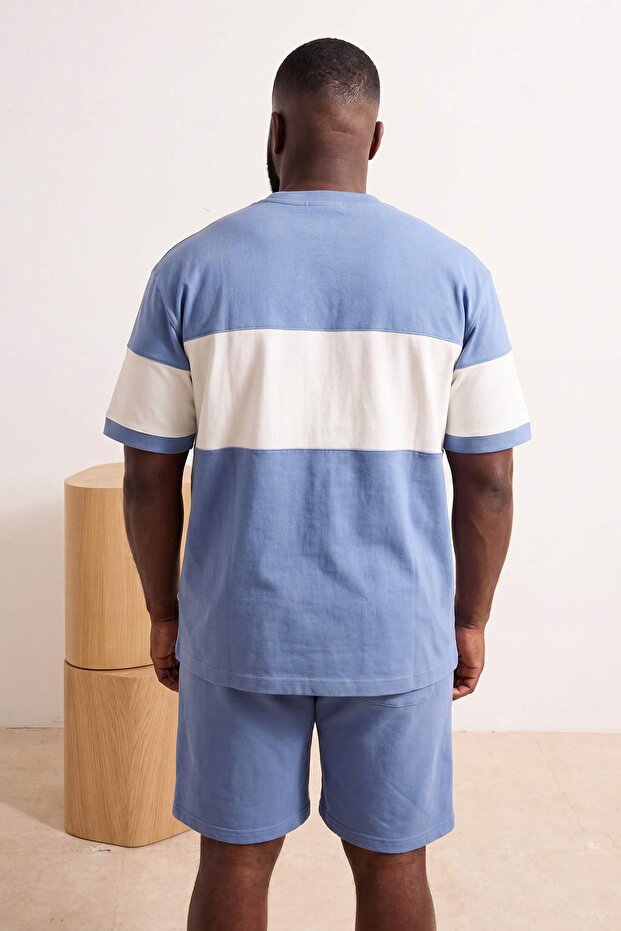 Indigo Büyük Beden Oversize/Geniş Kesim Renk Bloklu Dokulu T-Shirt TMNSS25BF00038 - 4