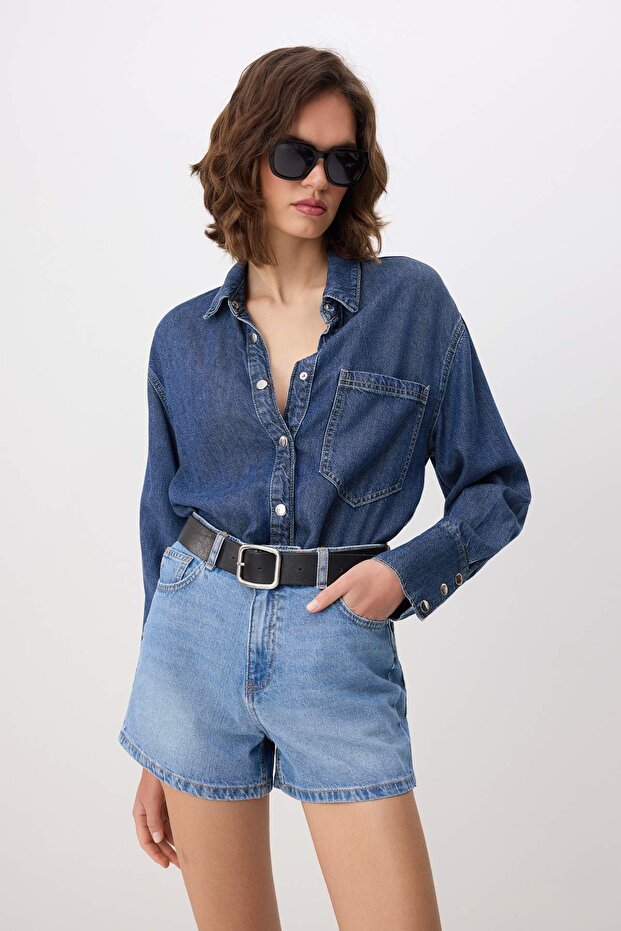 Mavi Yüksek Bel %100 Pamuk Denim City Şort TWOSS26SR00050 - 1