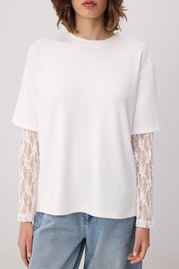Ekru Oversize/Geniş Kalıp Düşük Kol Dantelli Uzun Kollu Soft Touch Örme T-Shirt TWOSS26TS00191 - 4