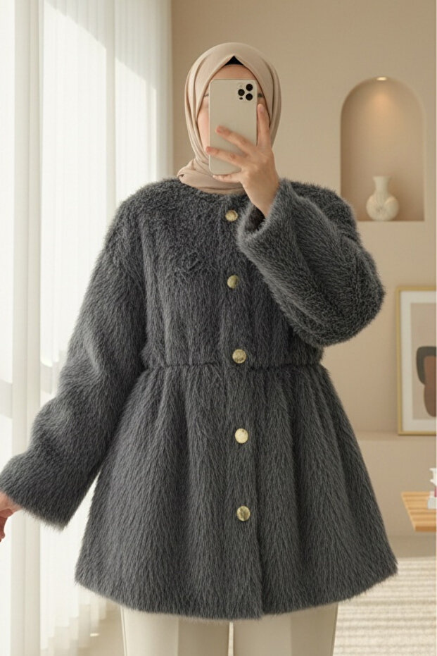 Fur Jacket with Lining and Drawstring Waist - Smoked