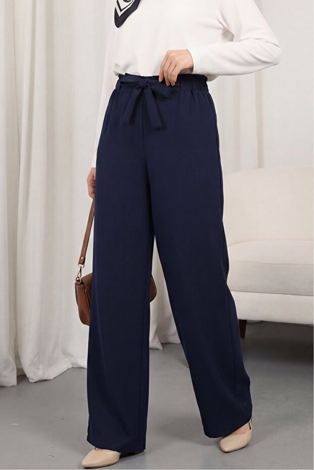 Double Fabric Waist Belted Wide Leg Trousers - Navy