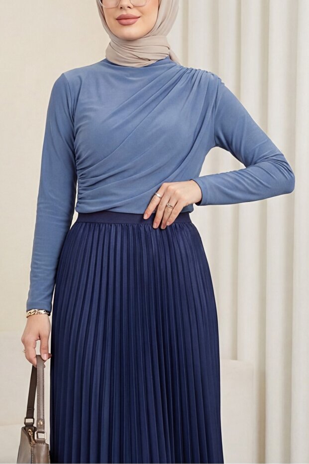 Half Throat Drawstring Sandy Blouse -Indigo