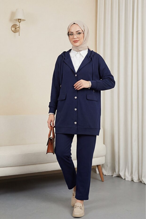 Hooded Jacket, Pocketed Pants Set - Navy