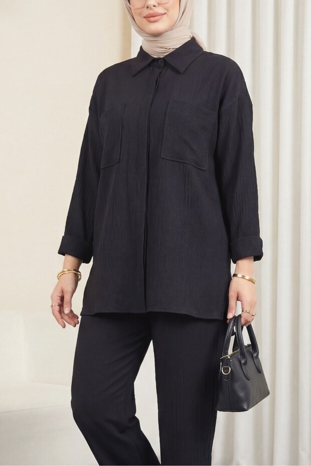 Double Linen Set with Bellows Pockets - Black - 2
