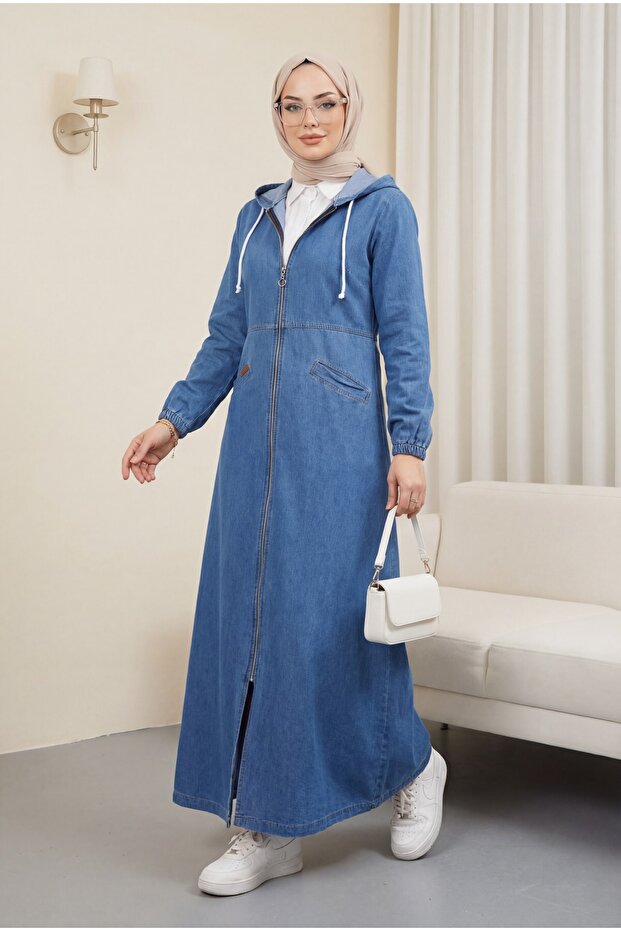 Hooded Denim Cap with Elastic Sleeves and Side Pockets