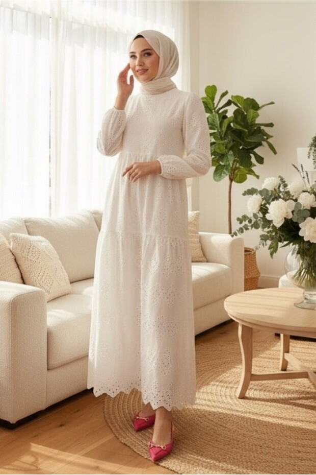 Rochie cu mâneci elastice -albă - 1