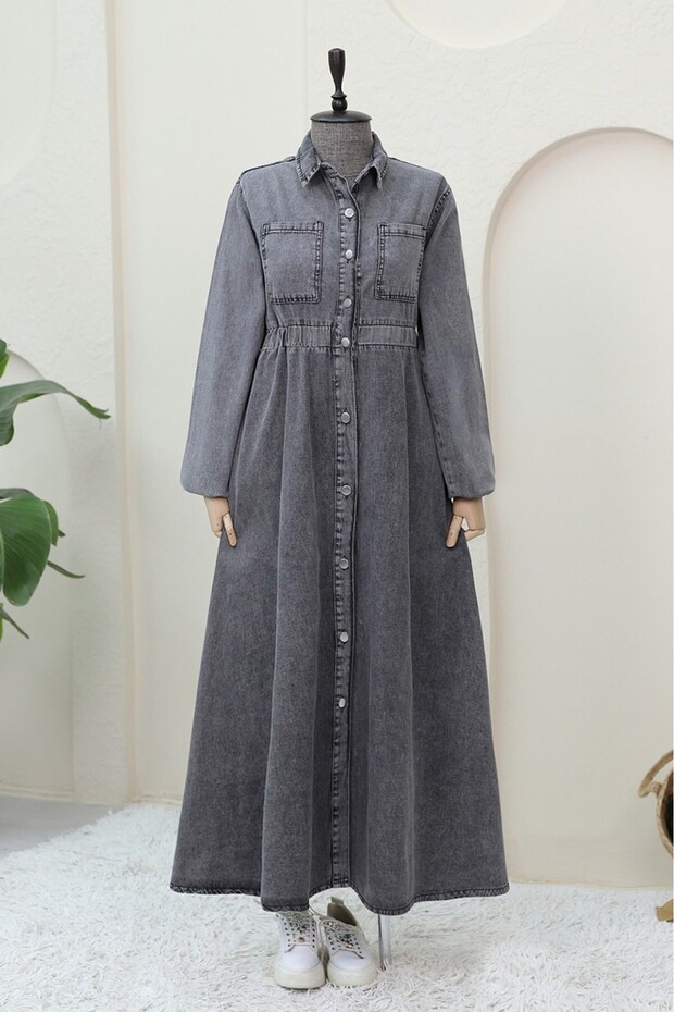 Denim Dress with Elastic Waist and Side Pockets -smoke