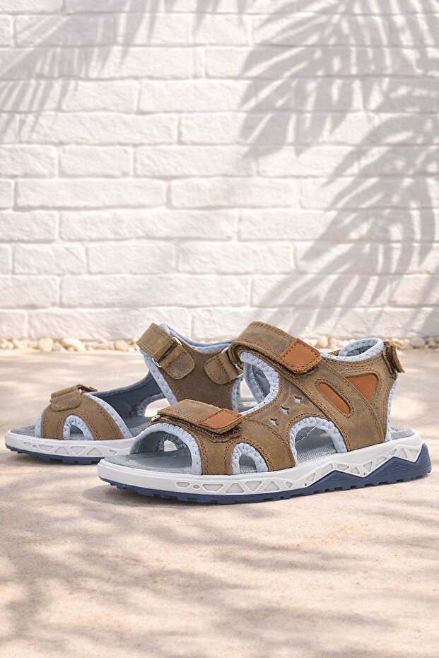Genuine Leather Sand Color Velcro Kids Sandals Shoes