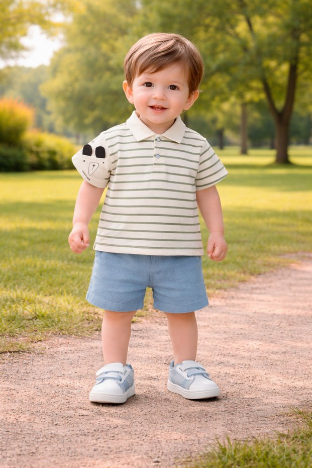 Sleeve Detailed Polo Collar Summer Jeans 2-Piece Baby Boy & Kids Suit