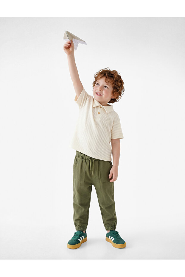 Cotton Textured Buttoned Short Sleeve Polo Collar T-Shirt