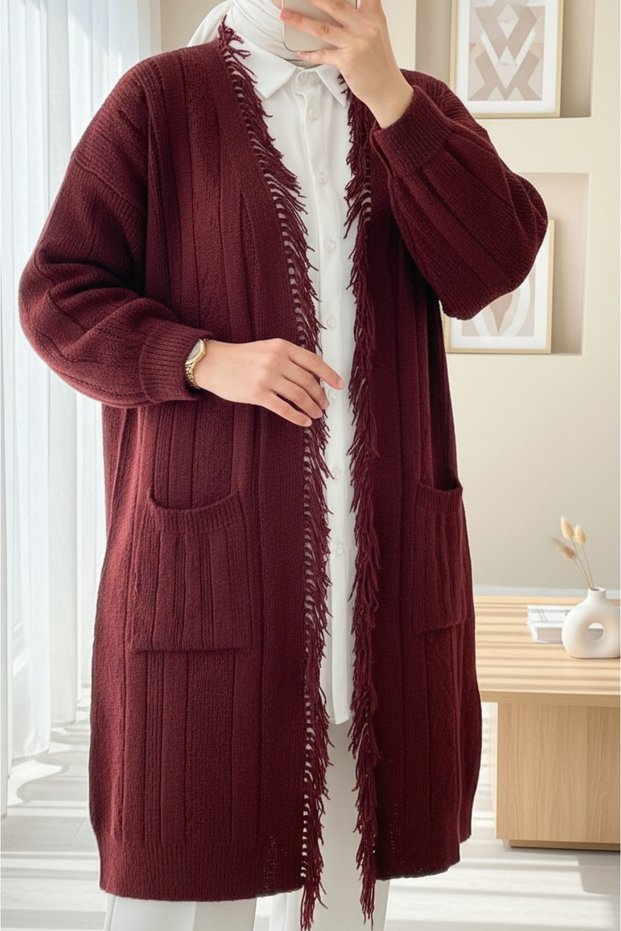 Tassel Detailed Knitwear Cardigan with Pockets -Burgundy