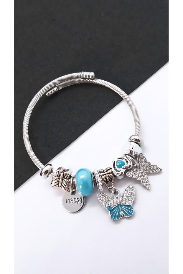 Women's Blue Zircon Stone Double Butterfly Charm Steel Bracelet