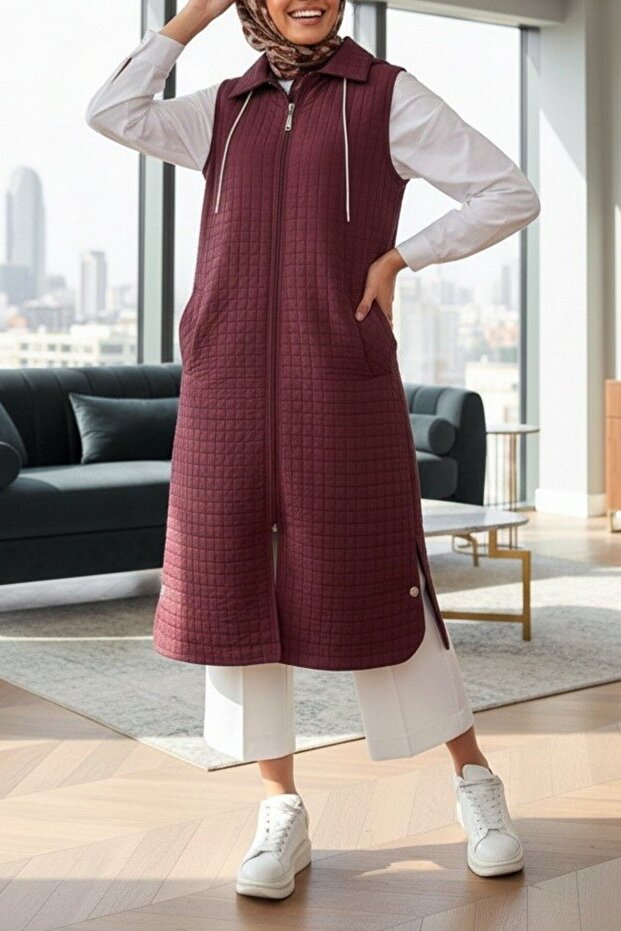 Long Quilted Vest with Zipper and Hooded Pockets - Burgundy