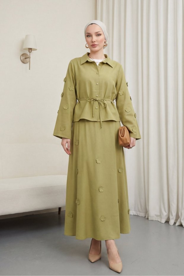 Floral Sleeves and Skirt, Lace-Up Waist Shirt and Skirt Two-Piece Modal Set - Oil Green