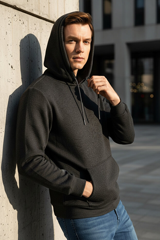 Kapişonlu Yaka Regular Düz Sweatshirt - 7