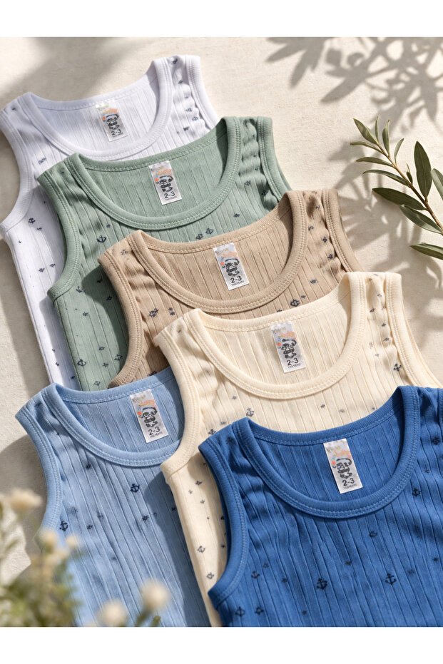 6 Pieces of Comfortable Patterned Undershirts for Boys Aged 2-11, Skin-Friendly, 100% Cotton, Set of 6