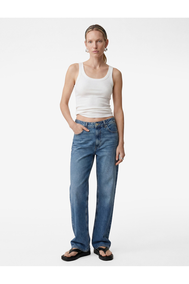 Cotton Pocketed Buttoned Regular Wide Leg Jean Trousers - Baggy Jeans