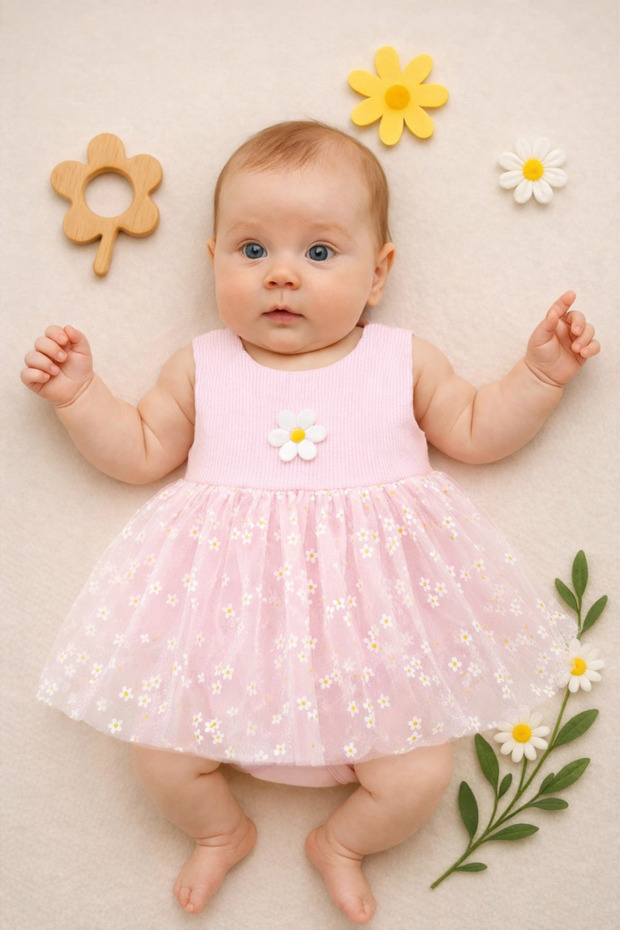 Daisy Printed Tulle Snap Fastener Dress (100% Cotton)