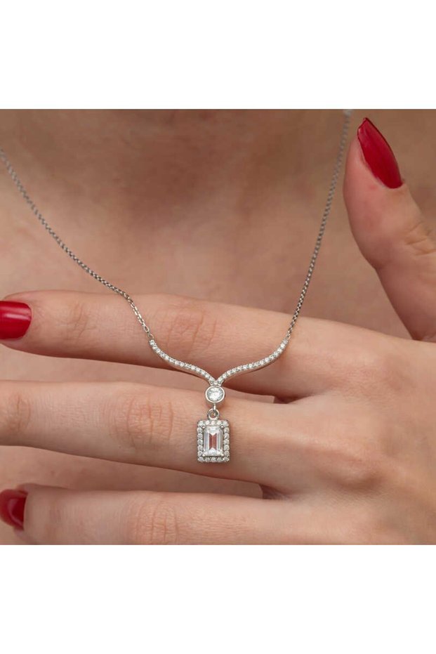 Silver Baguette Stone Choker Model Women's Necklace