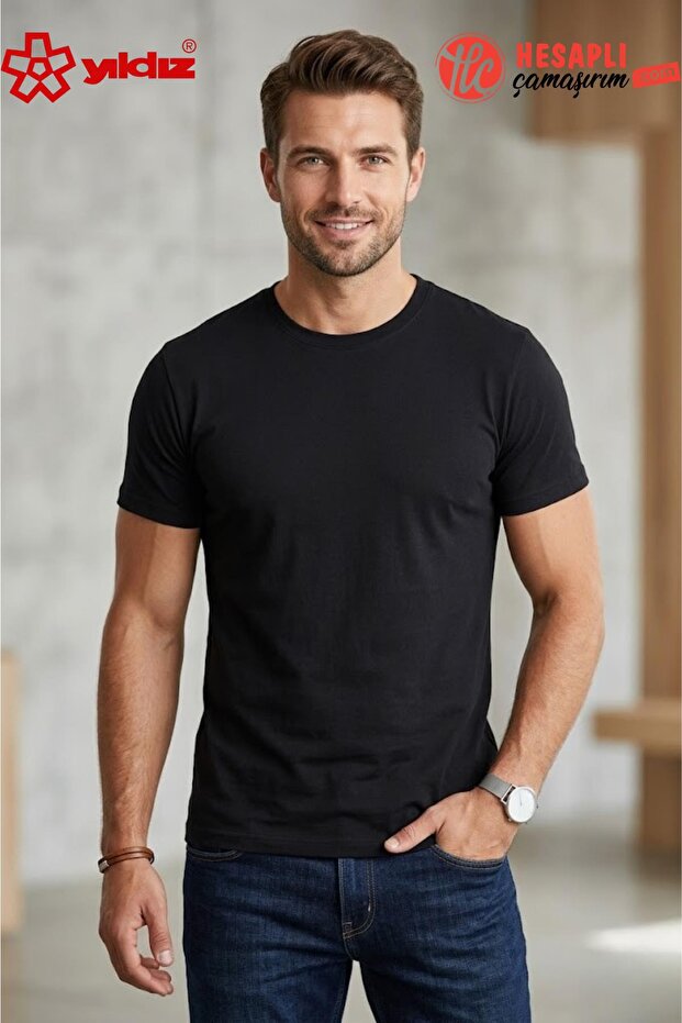 Yıldız 57 Premium Men's 100% Cotton Ribbed Stretch Fabric Doctor Collar Black Undershirt/Singlet/Tshirt